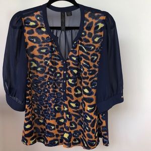 Navy top, bright leopard-like print, 3/4 sleeves